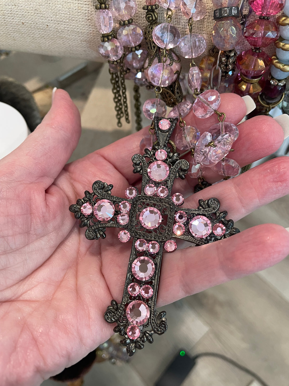 Reserved Ileana Light Rose Cross Crystal Strand